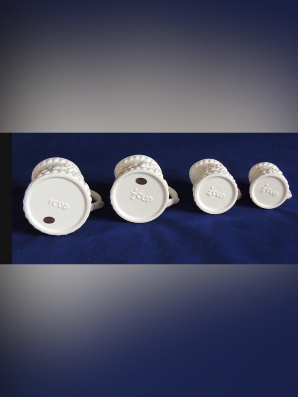 Vintage White Ceramic Measuring Pitcher Set Of 4.. Embossed Grapes